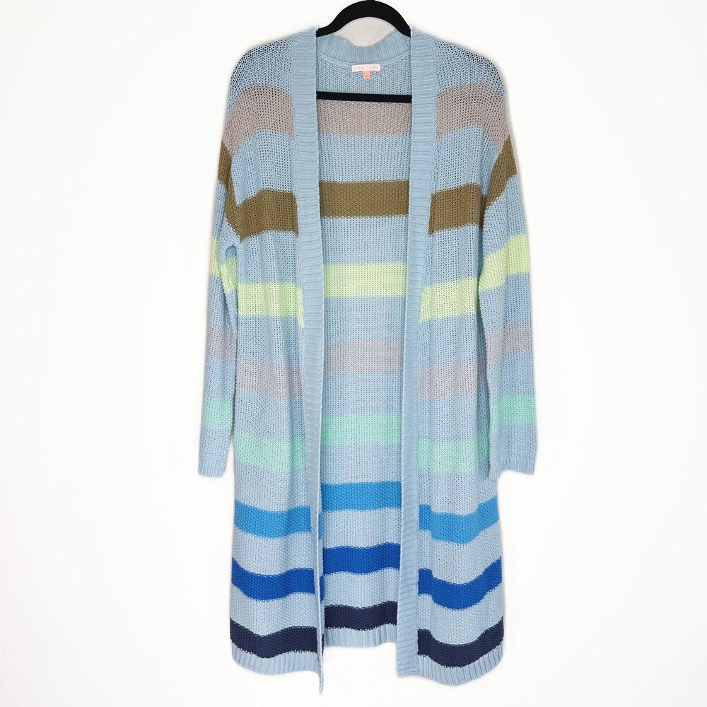 Lisa Todd Sand Sweeper Aqua Combo Striped Knit Long Open Cardigan Duster Sweater - Picture 3 of 11